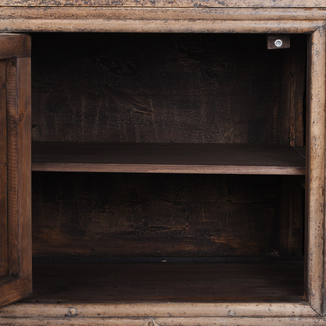 Interior Detail From 19th Century Walnut Sideboard From Shaanxi Province China With Three Doors And Carved Lower Apron