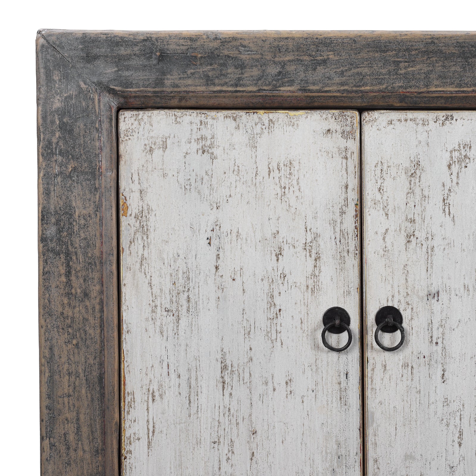 Corner View Of Long Rustic Mongolian Sideboard Made From Reclaimed Wood With Distressed Black And White Painted Doors
