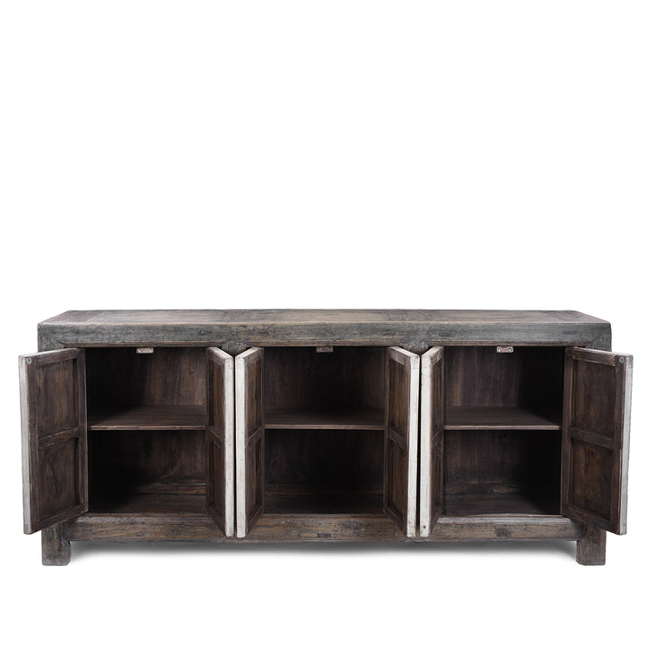 Interior View Of Long Rustic Mongolian Sideboard Made From Reclaimed Wood With Distressed Black And White Painted Doors