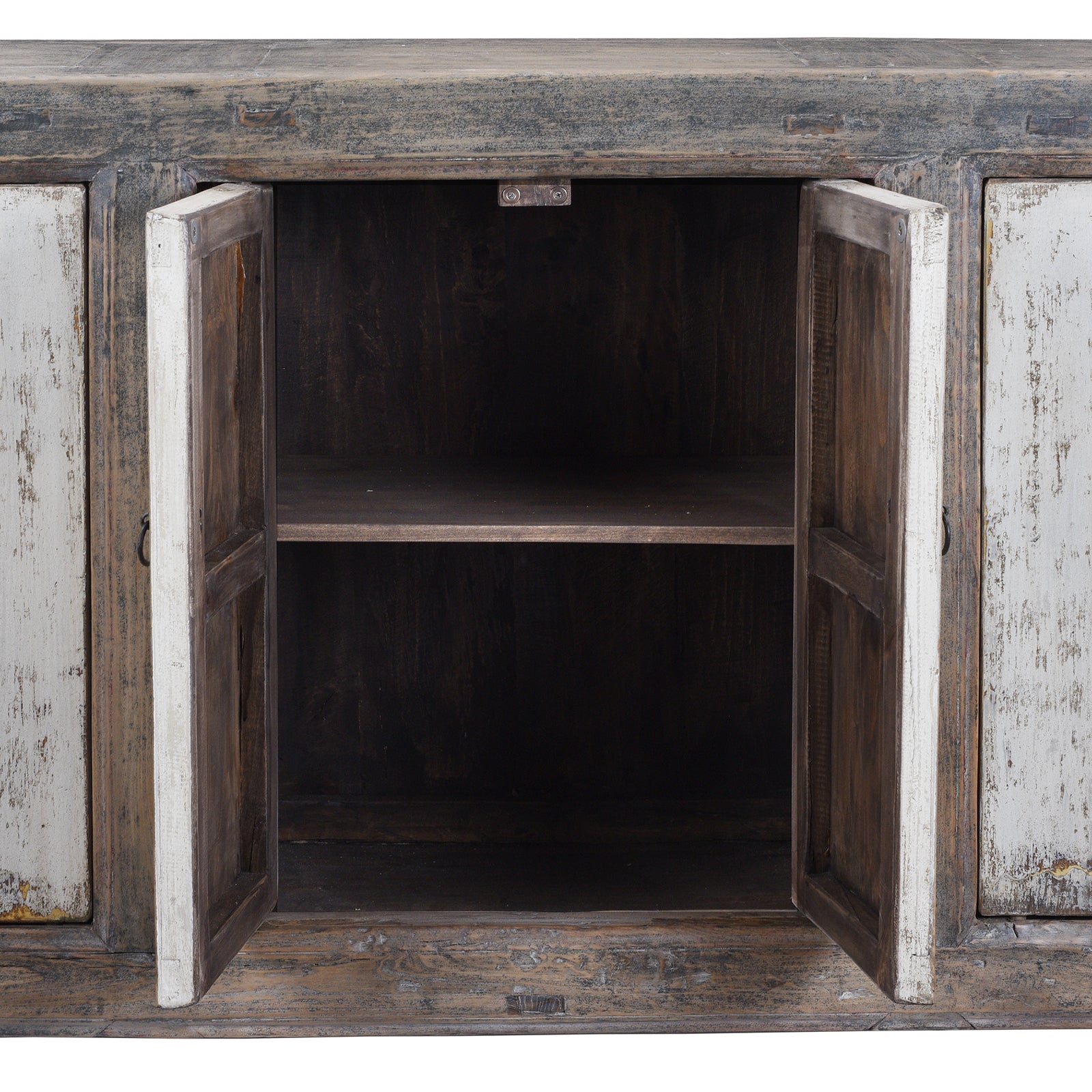 Interior View Of Long Rustic Mongolian Sideboard Made From Reclaimed Wood With Distressed Black And White Painted Doors