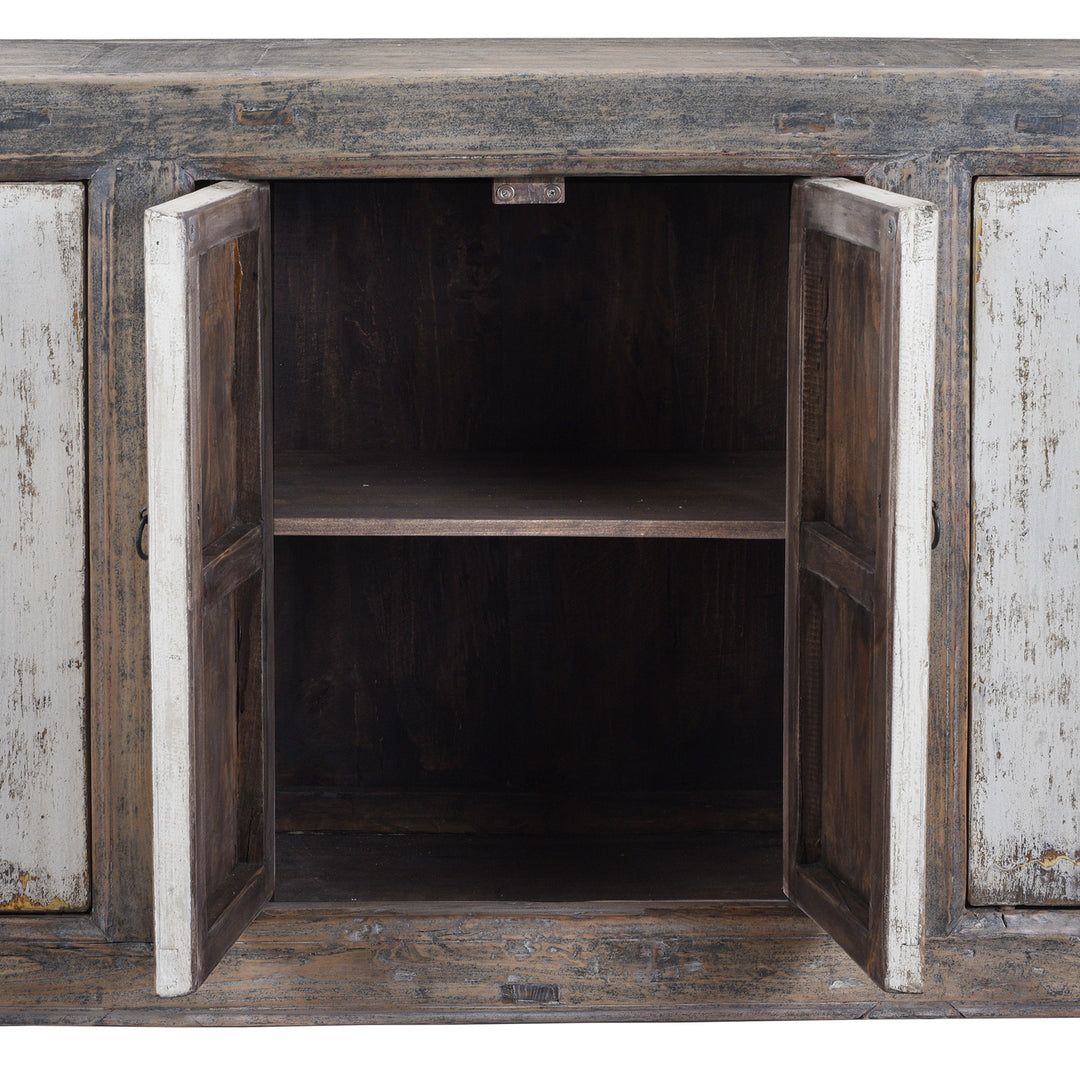 Interior View Of Long Rustic Mongolian Sideboard Made From Reclaimed Wood With Distressed Black And White Painted Doors