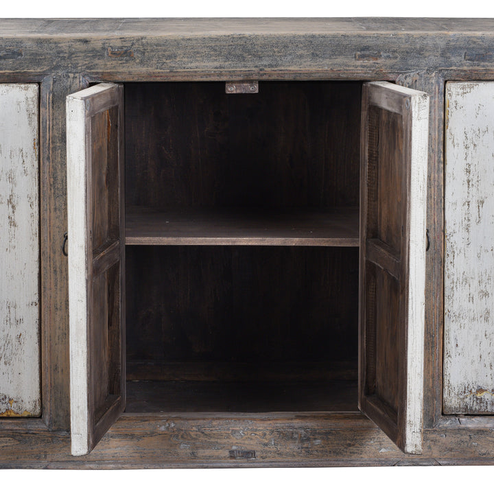 Interior View Of Long Rustic Mongolian Sideboard Made From Reclaimed Wood With Distressed Black And White Painted Doors