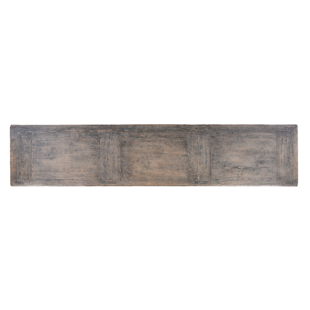 Top Down View Of Long Rustic Mongolian Sideboard Made From Reclaimed Wood With Distressed Black And White Painted Doors