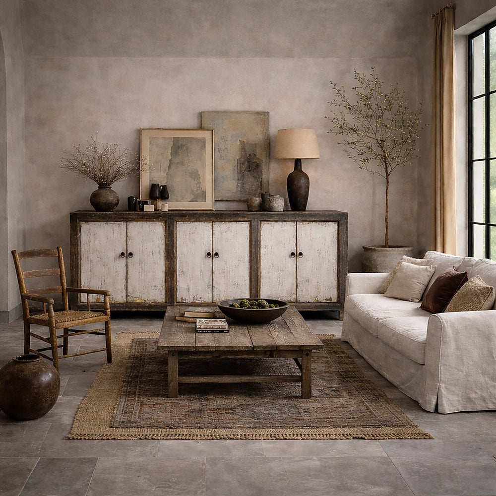 Long Rustic Mongolian Sideboard Made From Reclaimed Wood With Distressed Black And White Painted Doors In Modern Rustic Farmhouse Interior