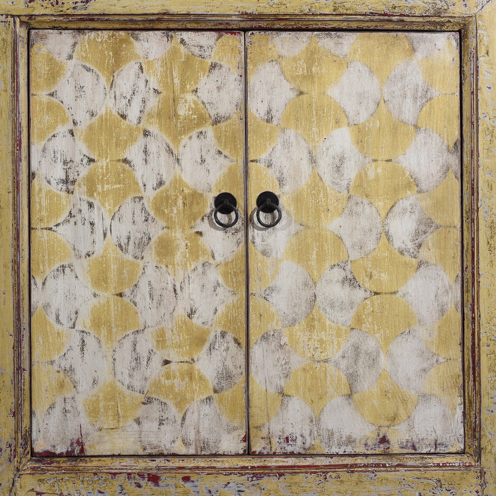 Cupboard Doors From Antique Six Door Mongolian Painted Sideboard Made From Old Wood With Scalloped Yellow And White Decoration And Shelved Interior