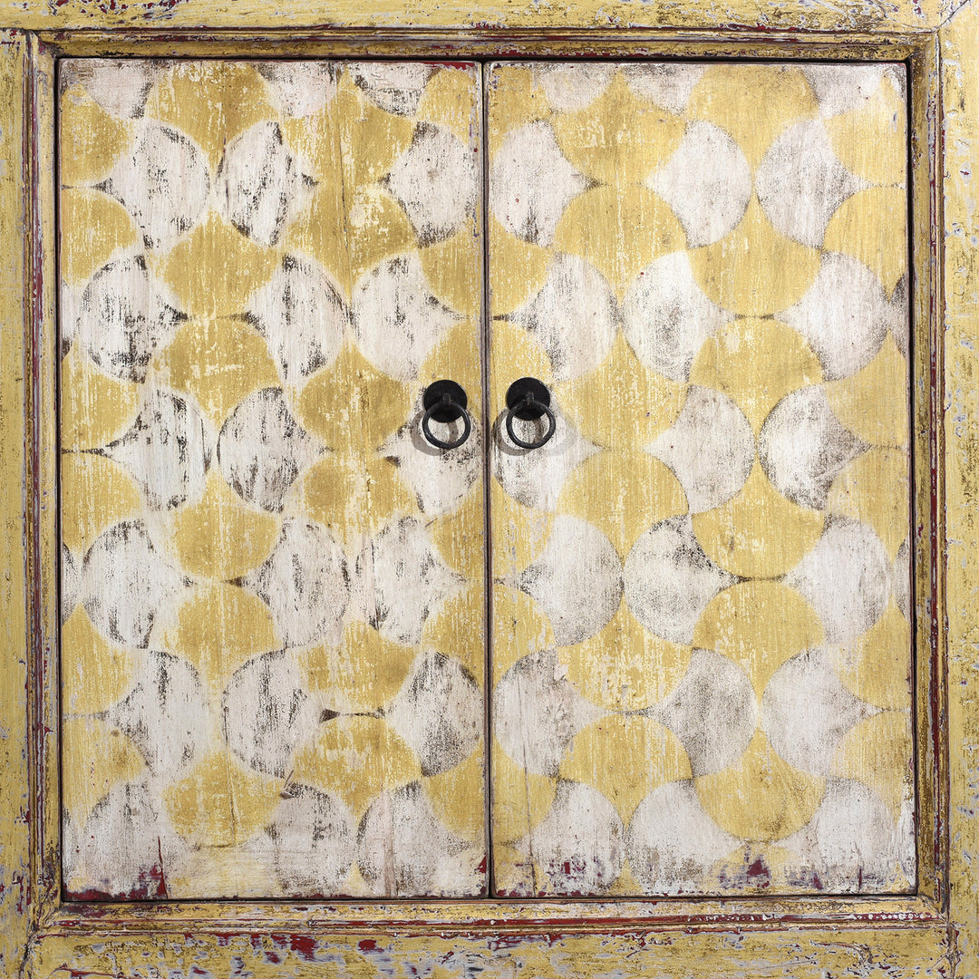 Door Detail From Antique Six Door Mongolian Painted Sideboard Made From Old Wood With Scalloped Yellow And White Decoration And Shelved Interior