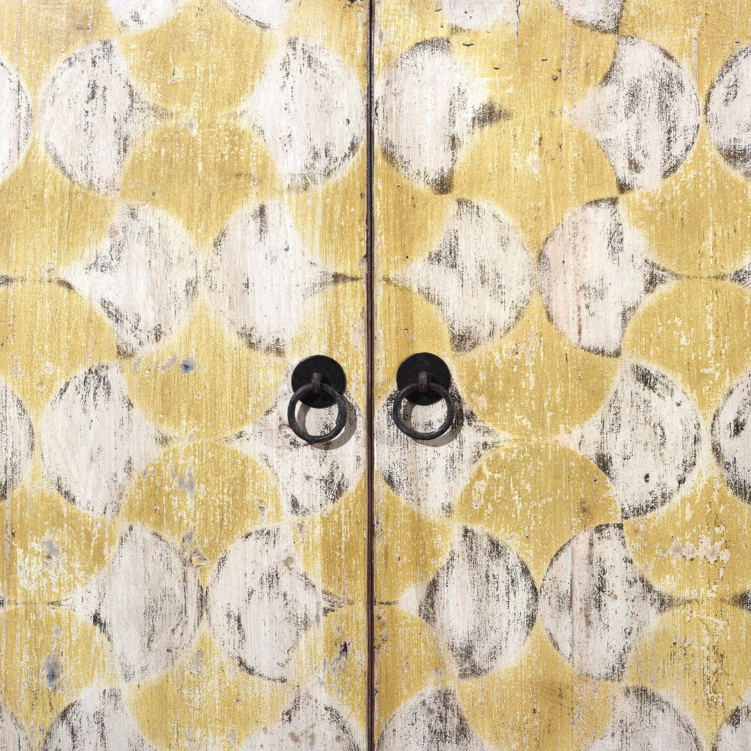 Detail From Antique Six Door Mongolian Painted Sideboard Made From Old Wood With Scalloped Yellow And White Decoration And Shelved Interior