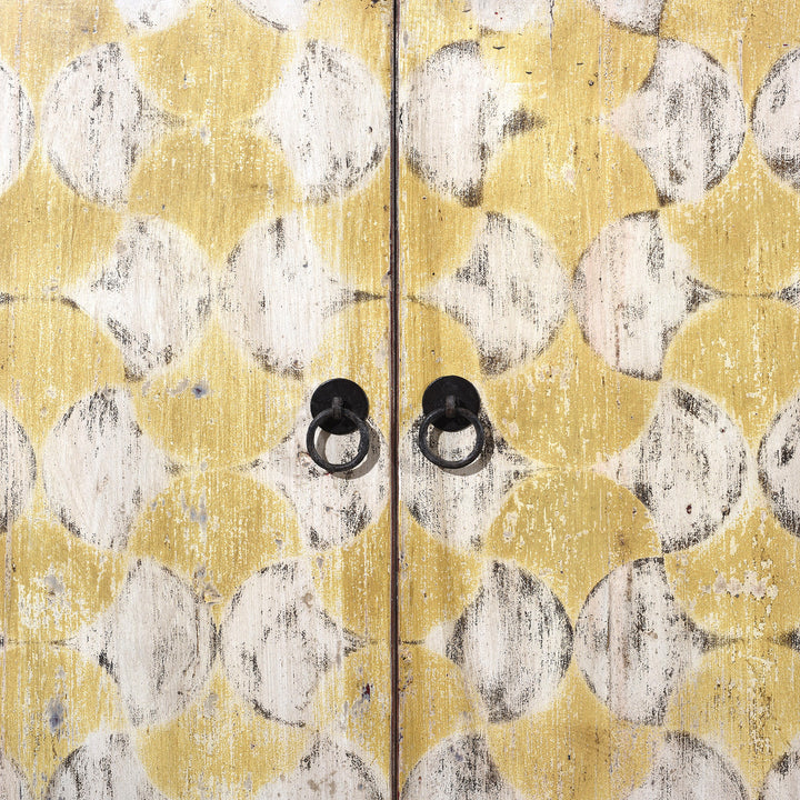 Detail From Antique Six Door Mongolian Painted Sideboard Made From Old Wood With Scalloped Yellow And White Decoration And Shelved Interior