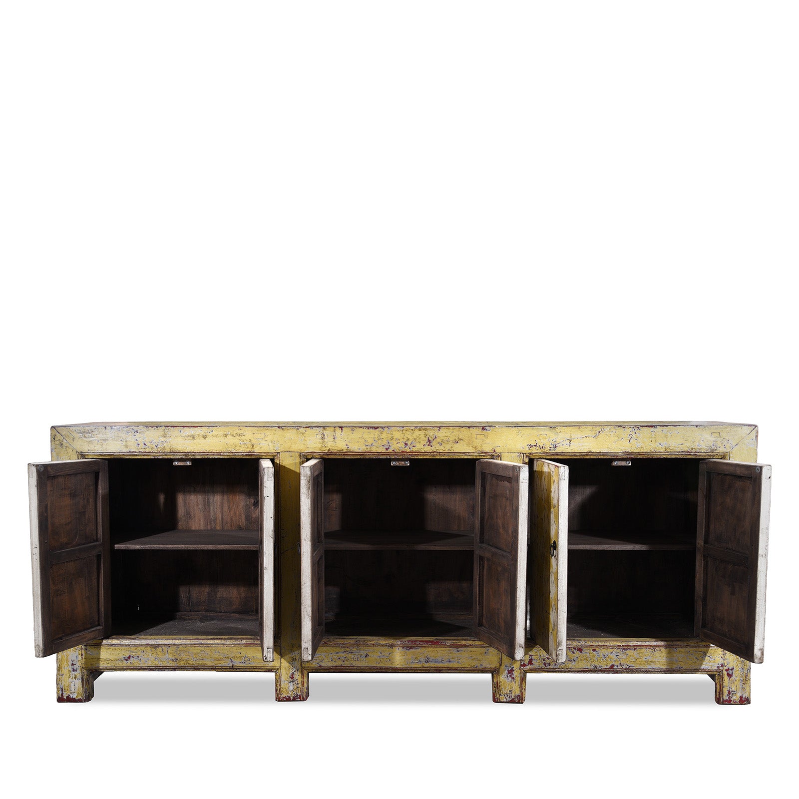 Whole Interior View Of Antique Six Door Mongolian Painted Sideboard Made From Old Wood With Scalloped Yellow And White Decoration And Shelved Interior