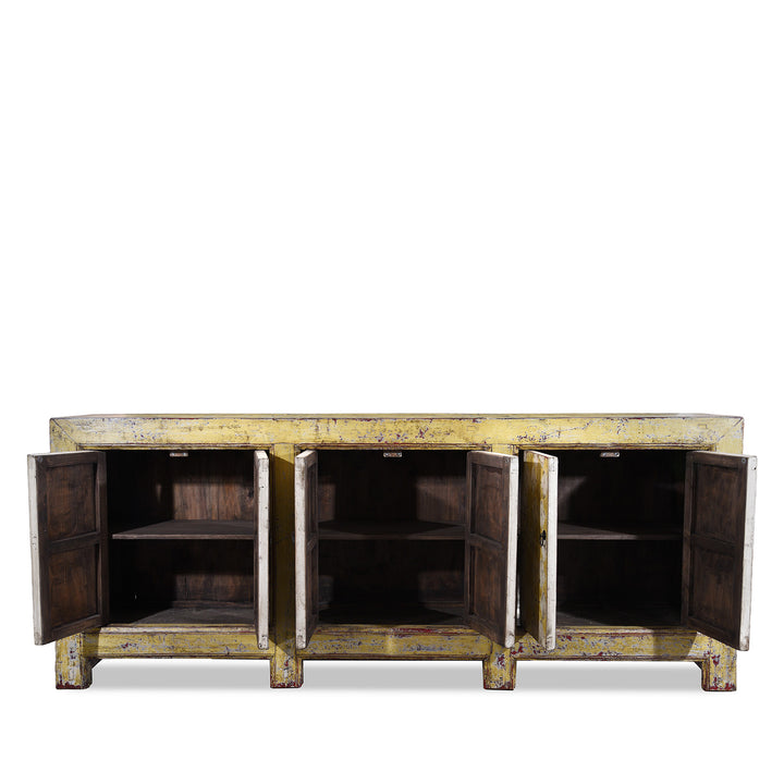 Whole Interior View Of Antique Six Door Mongolian Painted Sideboard Made From Old Wood With Scalloped Yellow And White Decoration And Shelved Interior
