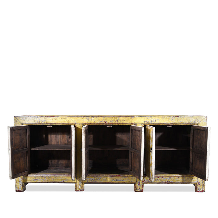 Interior Of Antique Six Door Mongolian Painted Sideboard Made From Old Wood With Scalloped Yellow And White Decoration And Shelved Interior