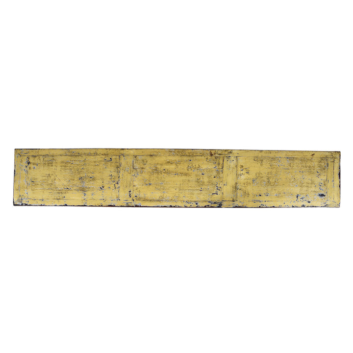 Top Down View Of Antique Six Door Mongolian Painted Sideboard Made From Old Wood With Scalloped Yellow And White Decoration And Shelved Interior