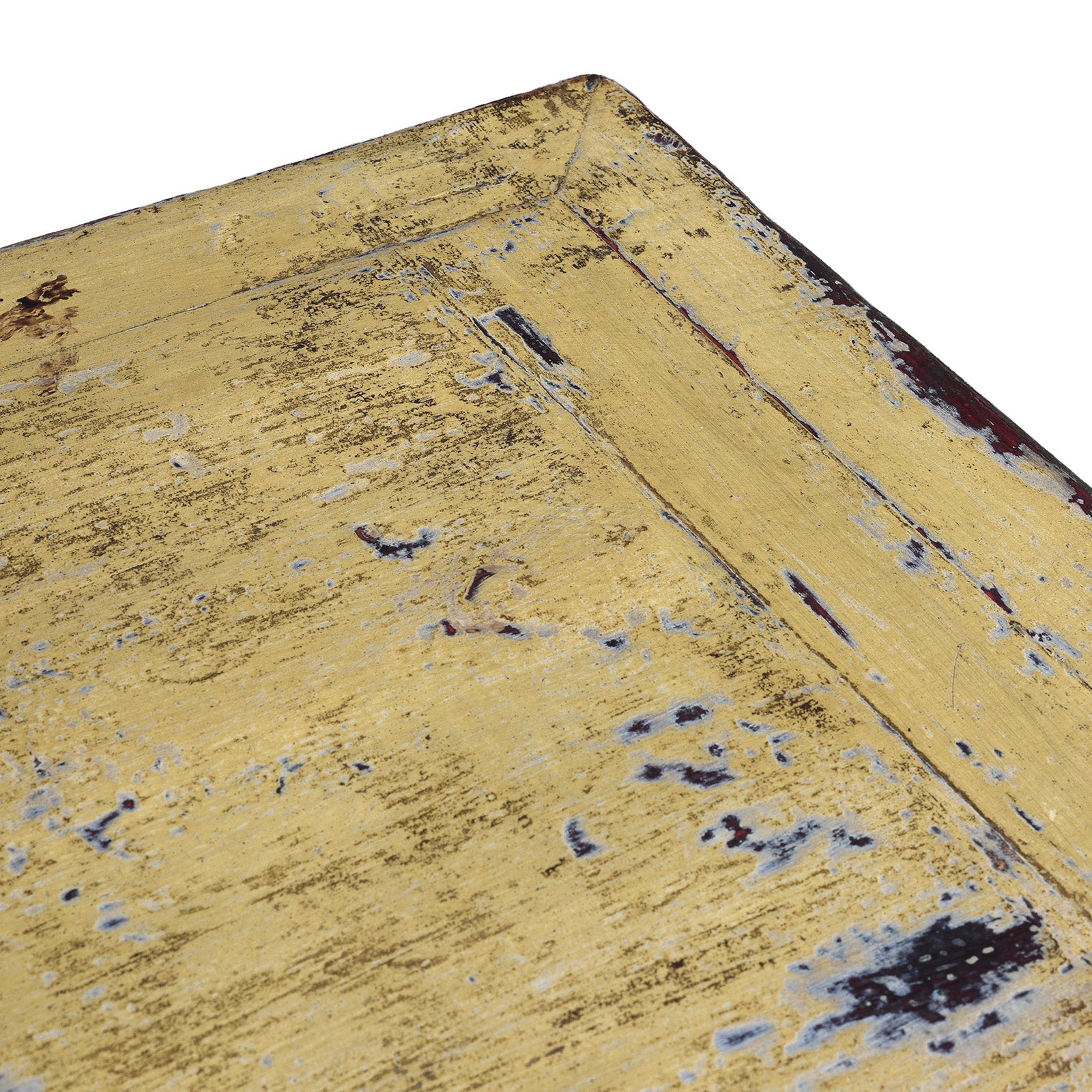 Detail Of Patina From Antique Six Door Mongolian Painted Sideboard Made From Old Wood With Scalloped Yellow And White Decoration And Shelved Interior