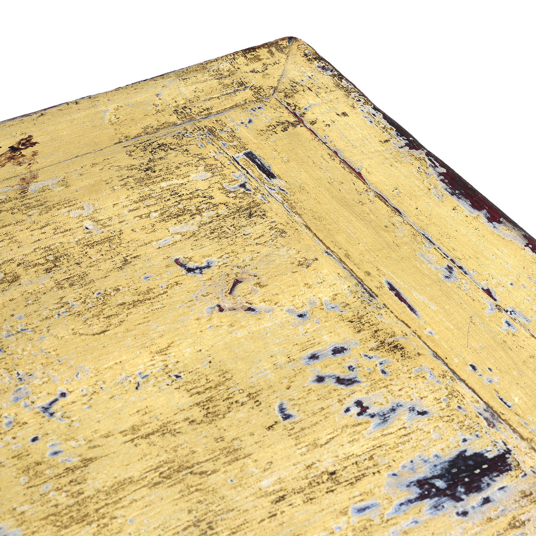 Top COrner Detail From Antique Six Door Mongolian Painted Sideboard Made From Old Wood With Scalloped Yellow And White Decoration And Shelved Interior