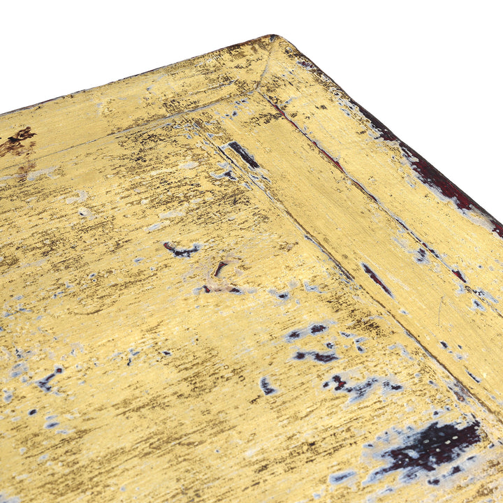 Top COrner Detail From Antique Six Door Mongolian Painted Sideboard Made From Old Wood With Scalloped Yellow And White Decoration And Shelved Interior