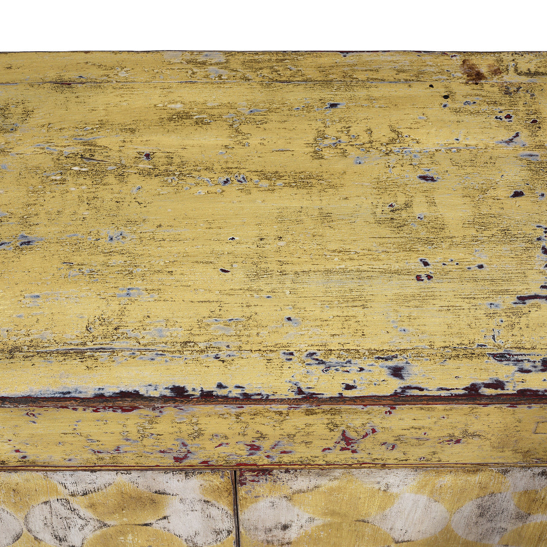 Detailed View Of Paintwork From Antique Six Door Mongolian Painted Sideboard Made From Old Wood With Scalloped Yellow And White Decoration And Shelved Interior