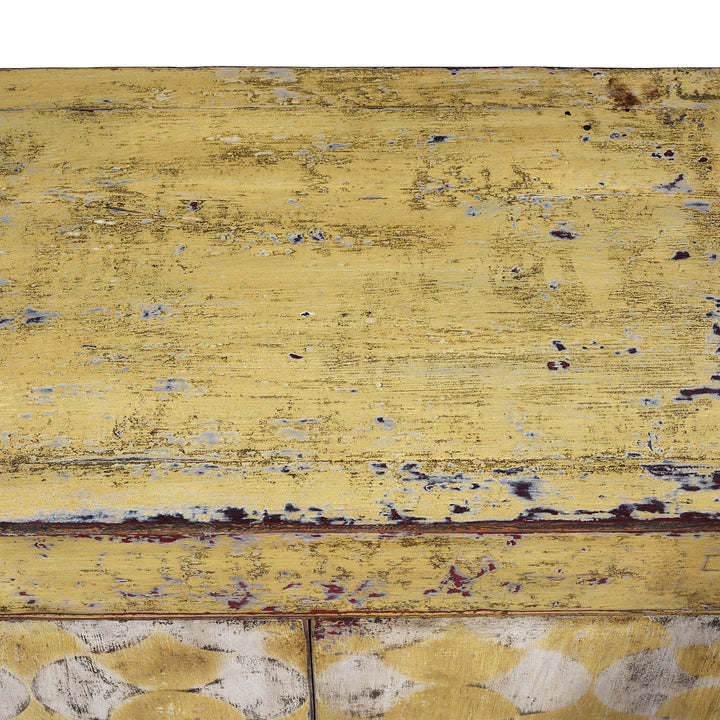 Detailed View Of Paintwork From Antique Six Door Mongolian Painted Sideboard Made From Old Wood With Scalloped Yellow And White Decoration And Shelved Interior