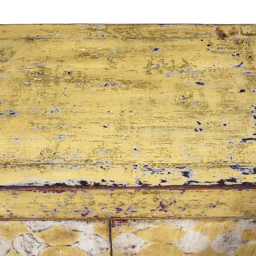 Detail From Antique Six Door Mongolian Painted Sideboard Made From Old Wood With Scalloped Yellow And White Decoration And Shelved Interior
