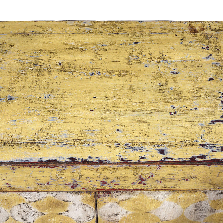 Detail From Antique Six Door Mongolian Painted Sideboard Made From Old Wood With Scalloped Yellow And White Decoration And Shelved Interior