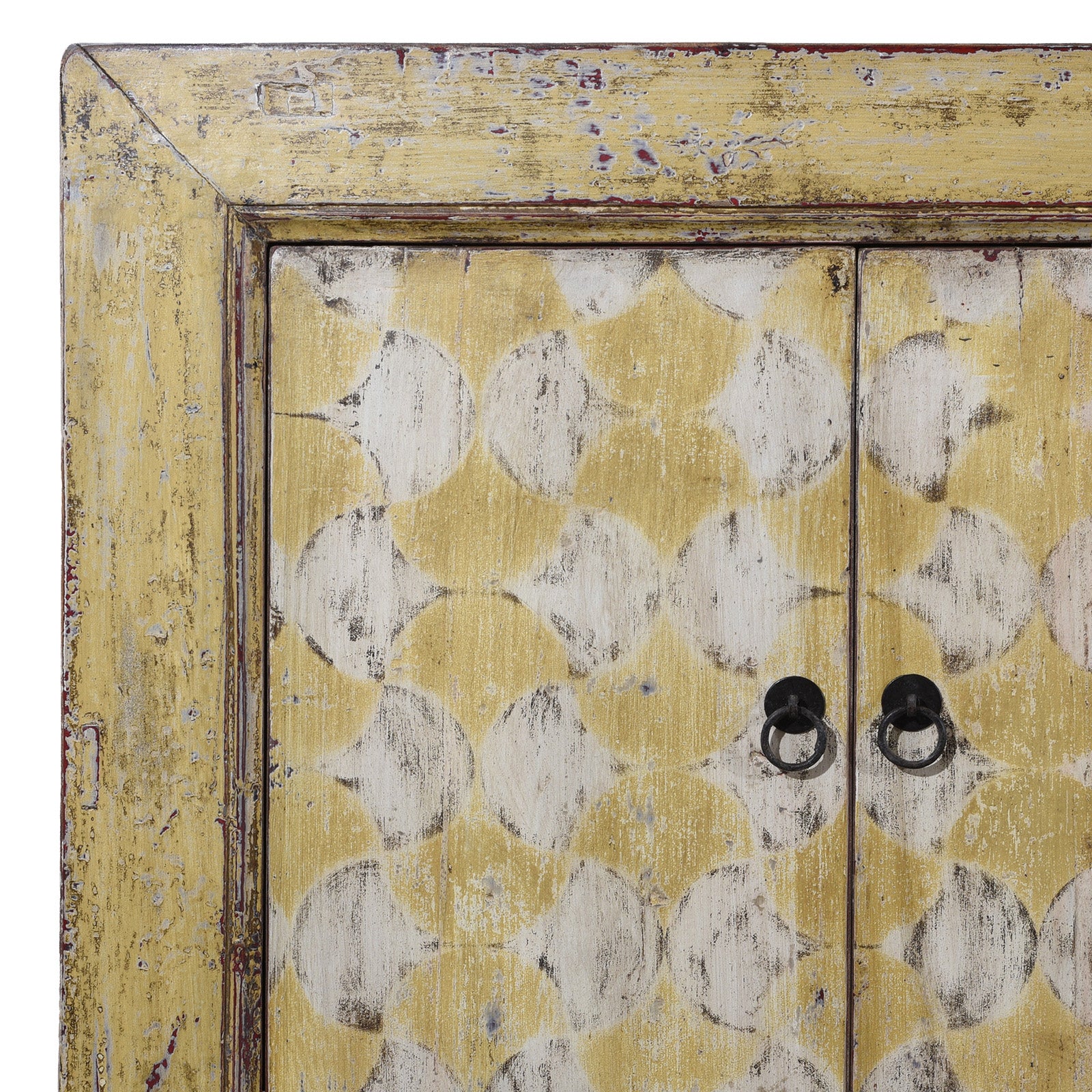 Corner View Of Antique Six Door Mongolian Painted Sideboard Made From Old Wood With Scalloped Yellow And White Decoration And Shelved Interior
