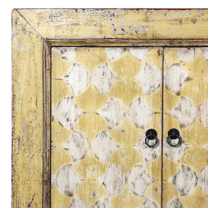 Corner Detail From Antique Six Door Mongolian Painted Sideboard Made From Old Wood With Scalloped Yellow And White Decoration And Shelved Interior