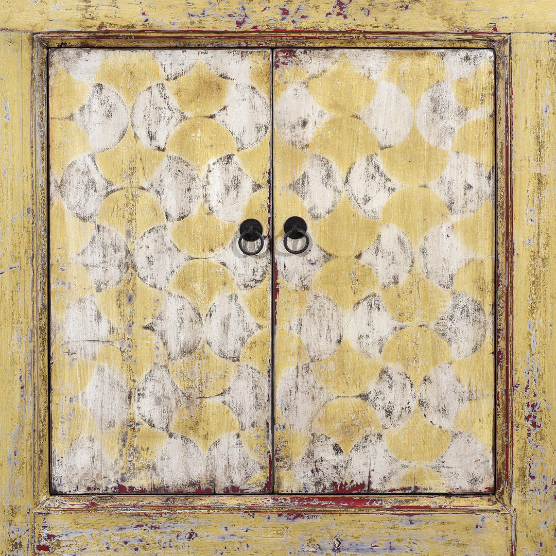 Door Detail From Antique Six Door Mongolian Painted Sideboard Made From Old Wood With Scalloped Yellow And White Decoration And Shelved Interior