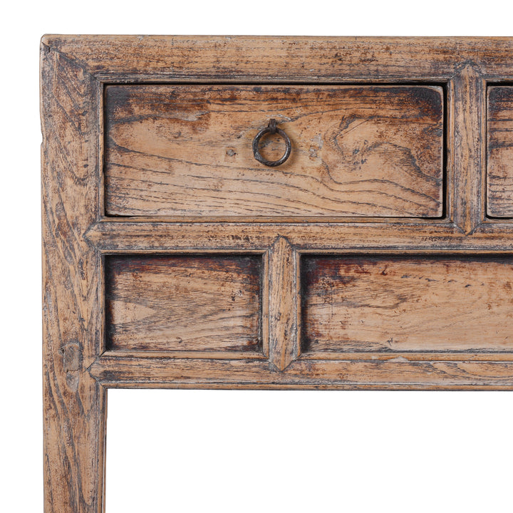 Close Up Of Patina From Antique Elm Console Table With Three Drawers And Ring Pull Handles Late 19th Century Chinese