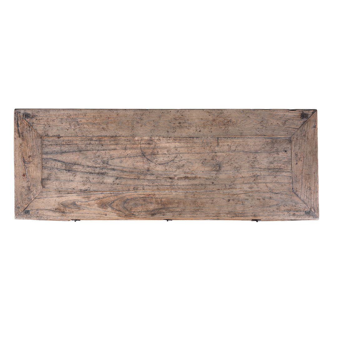 Top Down View Of Antique Elm Console Table With Three Drawers And Ring Pull Handles Late 19th Century Chinese