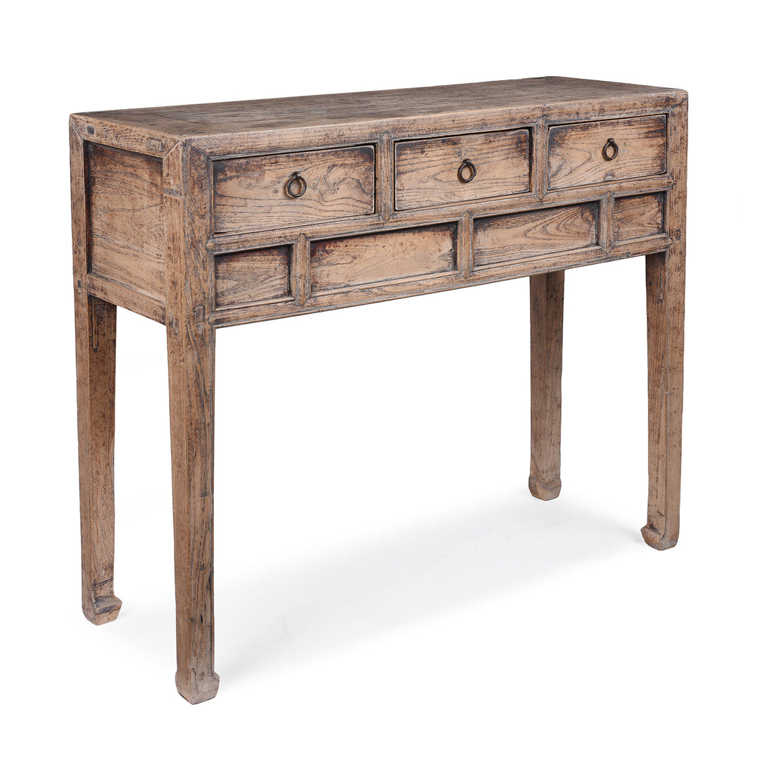 Angled View Of Antique Elm Console Table With Three Drawers And Ring Pull Handles Late 19th Century Chinese