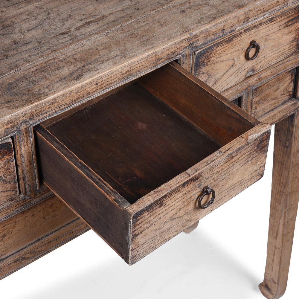 Interior Of Drawer From Antique Elm Console Table With Three Drawers And Ring Pull Handles Late 19th Century Chinese