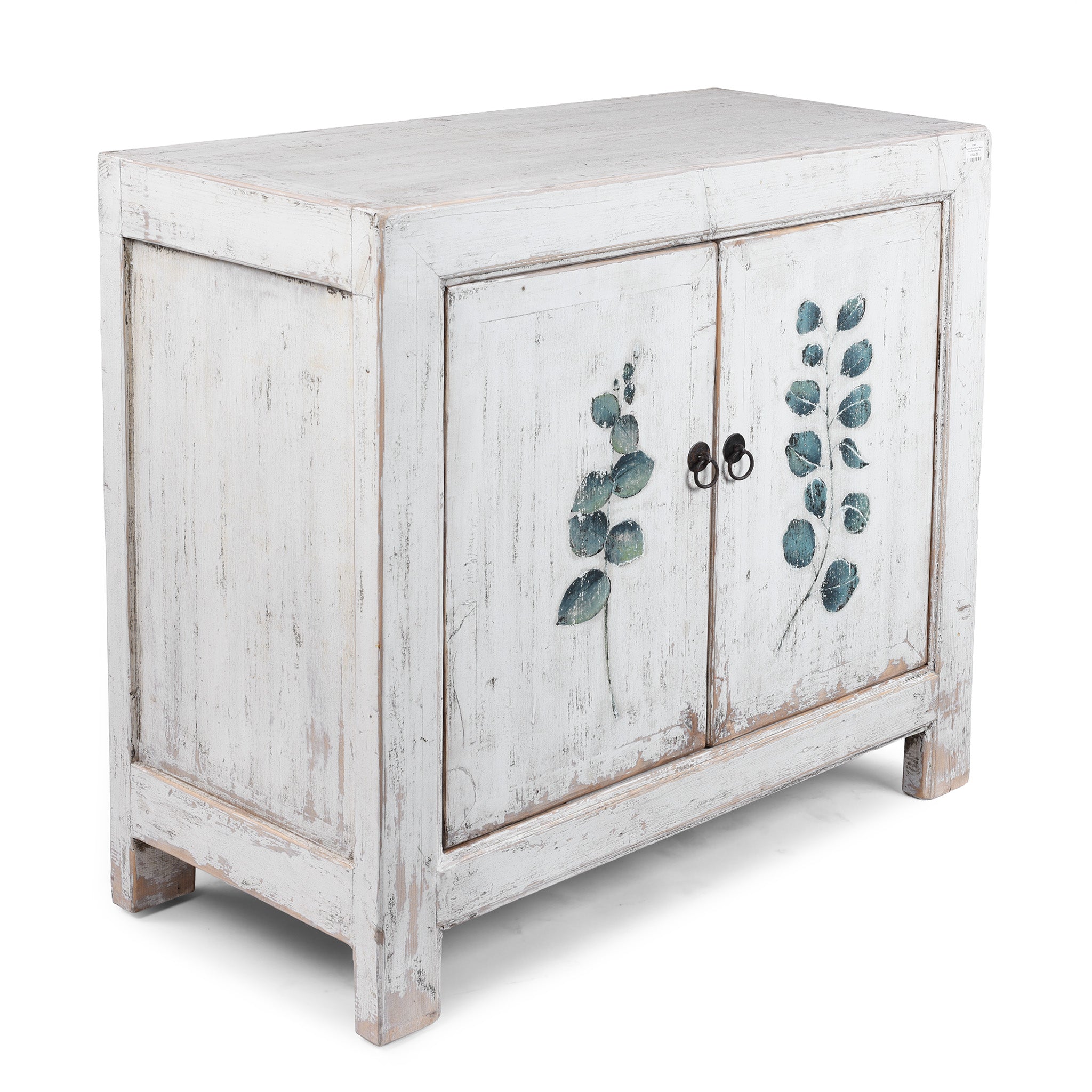 Angled View Of Distressed White Chinese Side Cabinet With Hand Painted Botanical Motifs On Double Doors