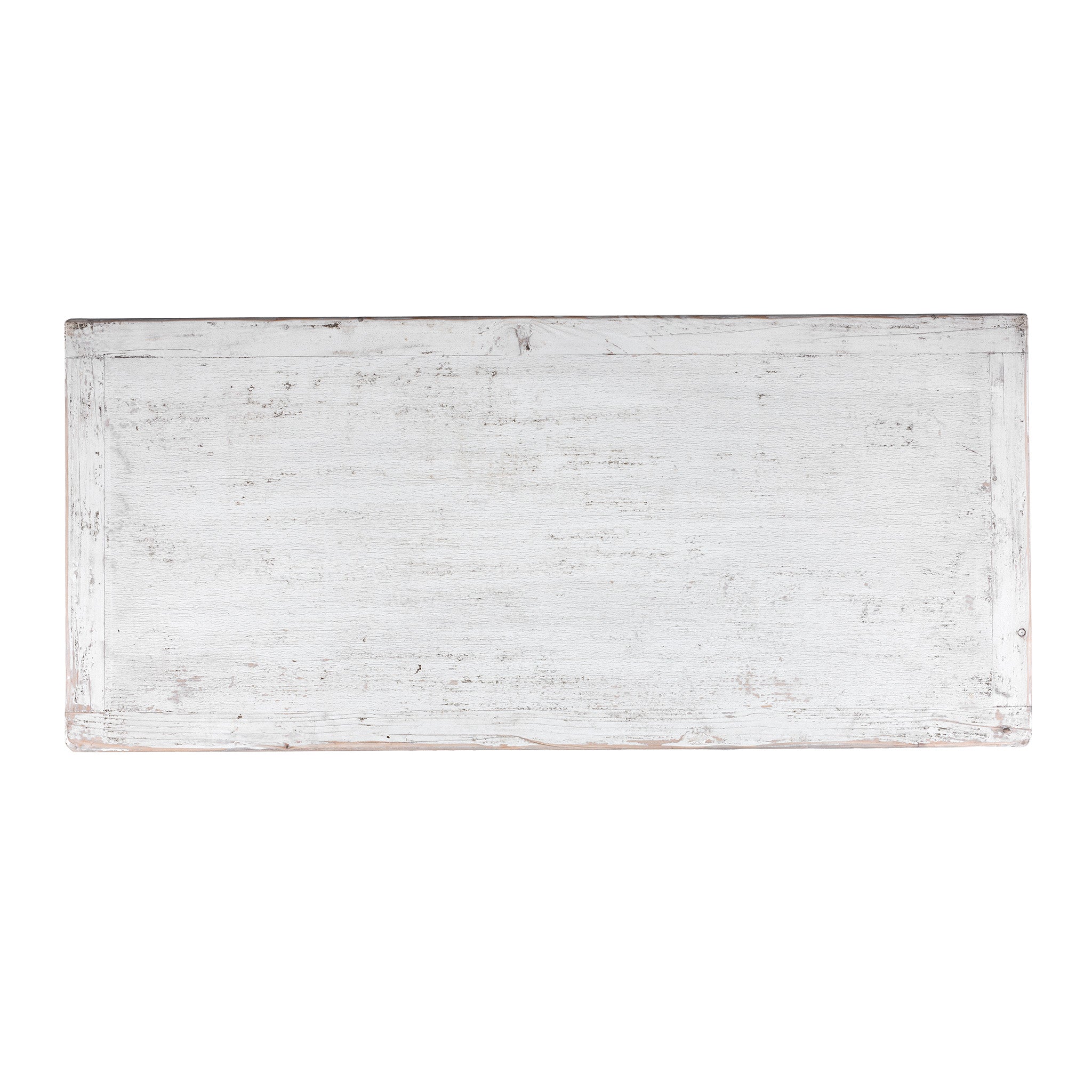 Top Down View Of Distressed White Chinese Side Cabinet With Hand Painted Botanical Motifs On Double Doors