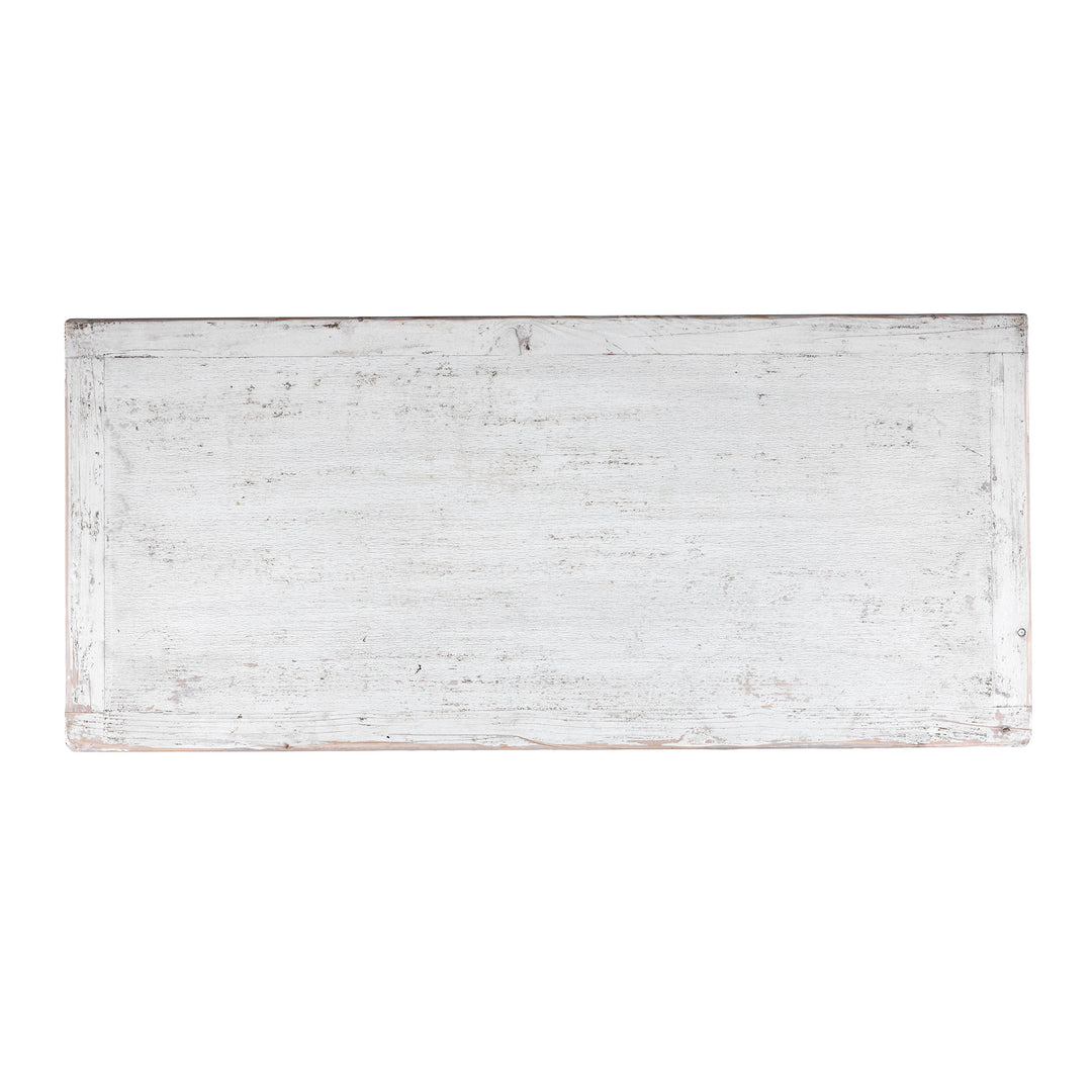 Top Down View Of Distressed White Chinese Side Cabinet With Hand Painted Botanical Motifs On Double Doors