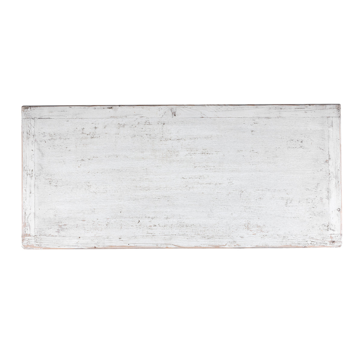 Top Down View Of Distressed White Chinese Side Cabinet With Hand Painted Botanical Motifs On Double Doors