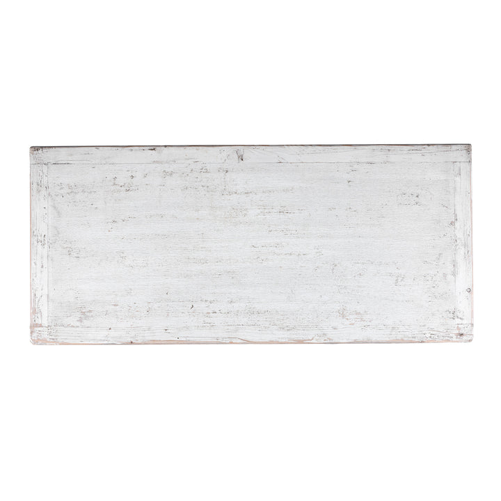 Top Down View Of Distressed White Chinese Side Cabinet With Hand Painted Botanical Motifs On Double Doors