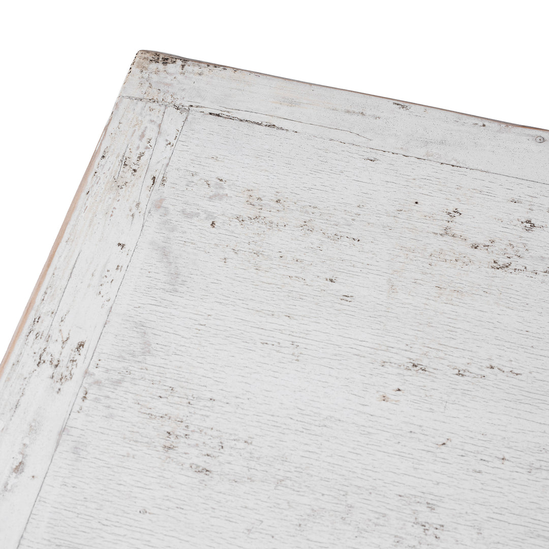 Corner View Of Distressed White Chinese Side Cabinet With Hand Painted Botanical Motifs On Double Doors