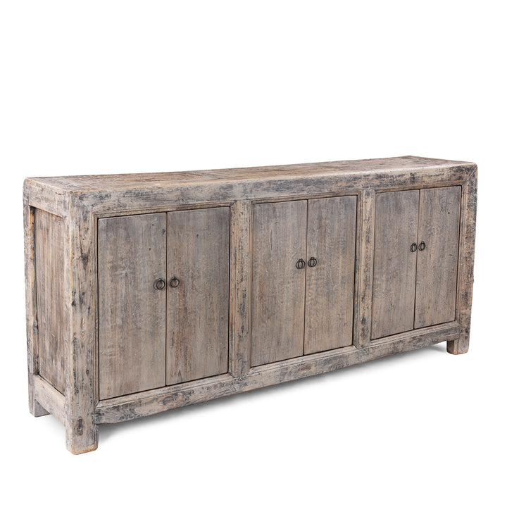 Angled View Of Chinese Bleached Rustic 6 Door Sideboard  | Indigo Antiques