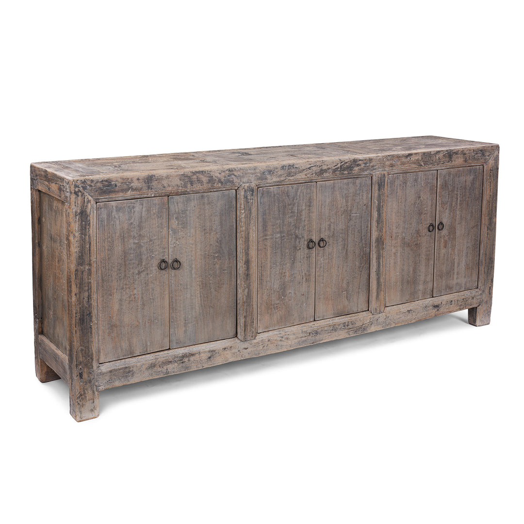 Angled VIew Of Six Door Chinese Style Sideboard Made From Reclaimed Elm And Cypress With Rustic Farmhouse Finish