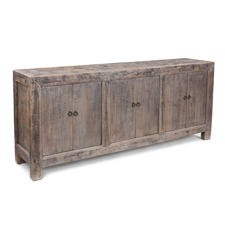 Angled VIew Of Six Door Chinese Style Sideboard Made From Reclaimed Elm And Cypress With Rustic Farmhouse Finish