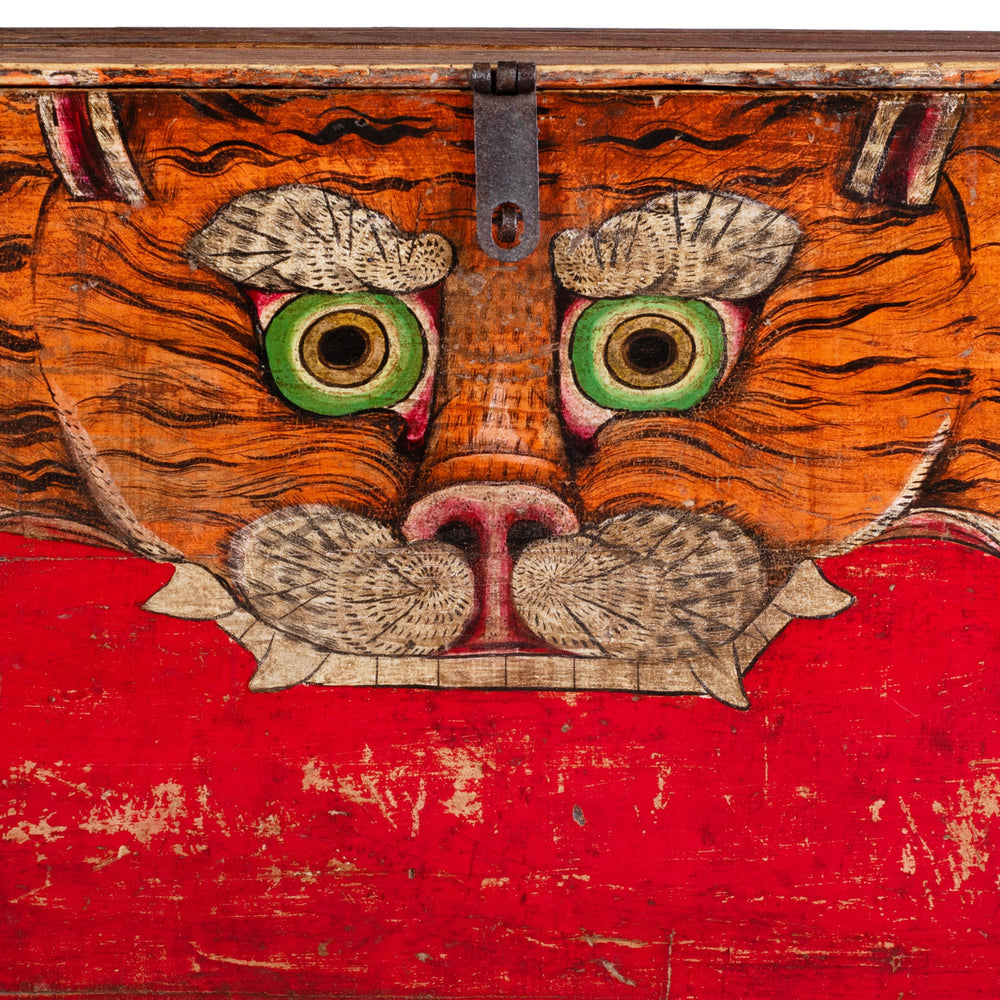 Face Detail From 19th Century Qinghai Painted Tiger Chest With Protective Motif