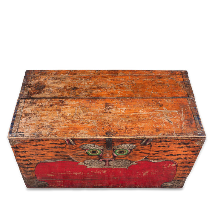 Top Down VIew Of 19th Century Qinghai Painted Tiger Chest With Protective Motif