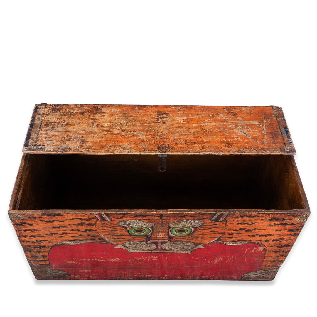 Open View Of 19th Century Qinghai Painted Tiger Chest With Protective Motif