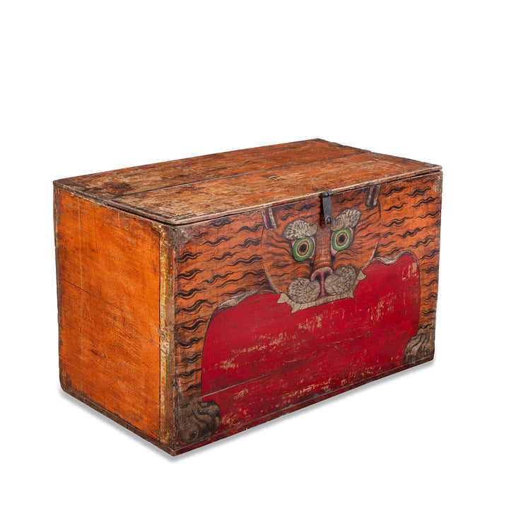 Angled VIew Of 19th Century Qinghai Painted Tiger Chest With Protective Motif