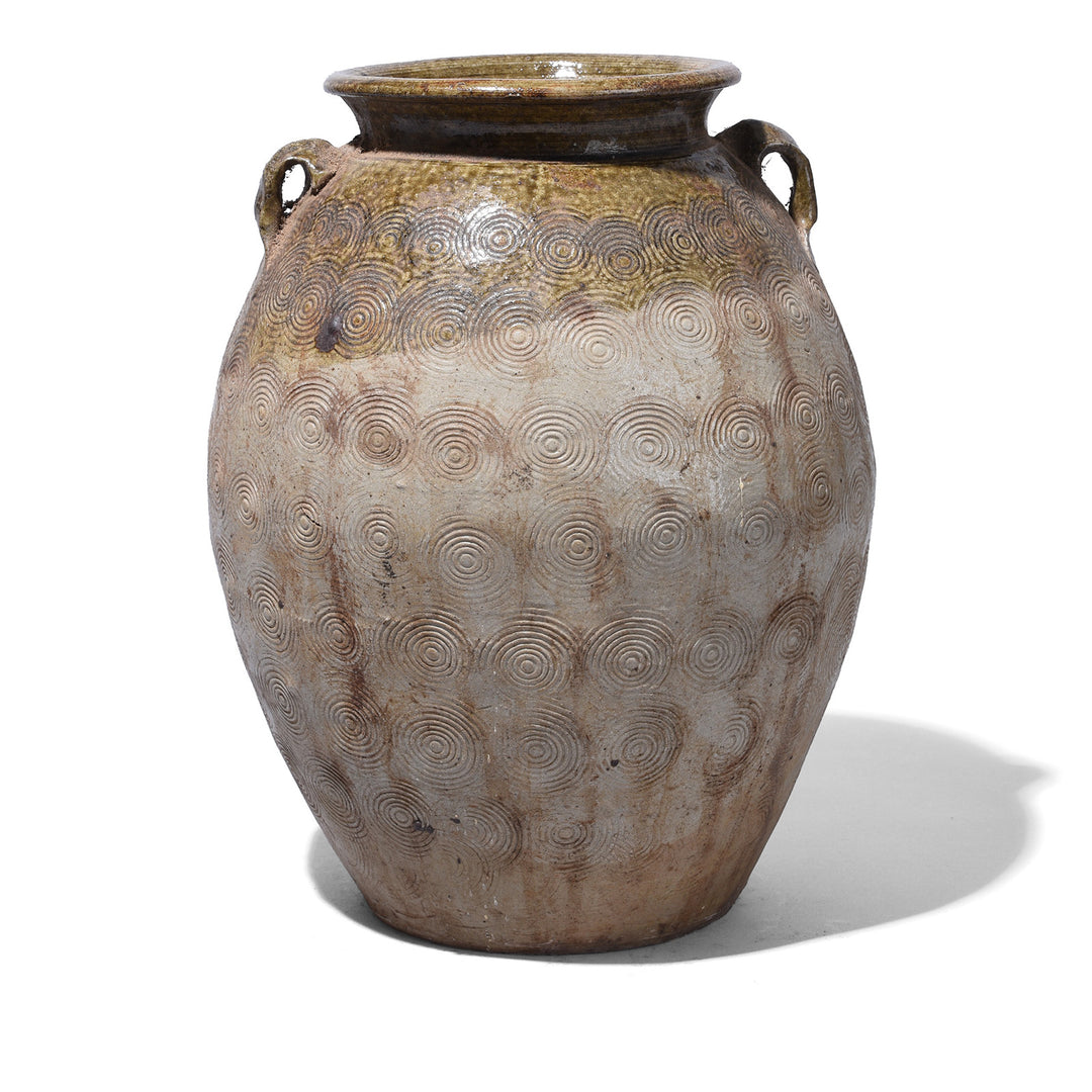 Vintage Glazed Earthenware Jar From Yunnan With Incised Spiral Decoration And Lug Handles