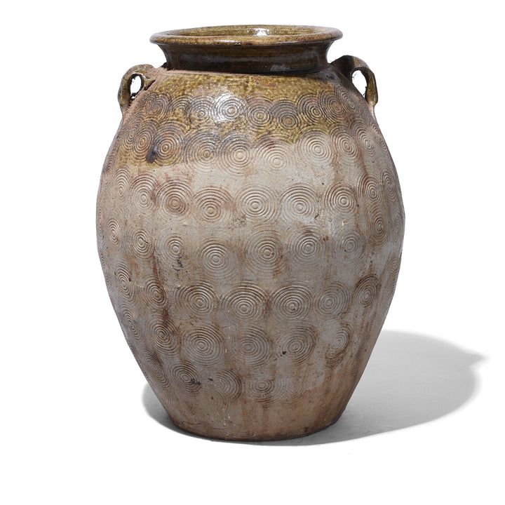 Vintage Glazed Earthenware Jar From Yunnan With Incised Spiral Decoration And Lug Handles