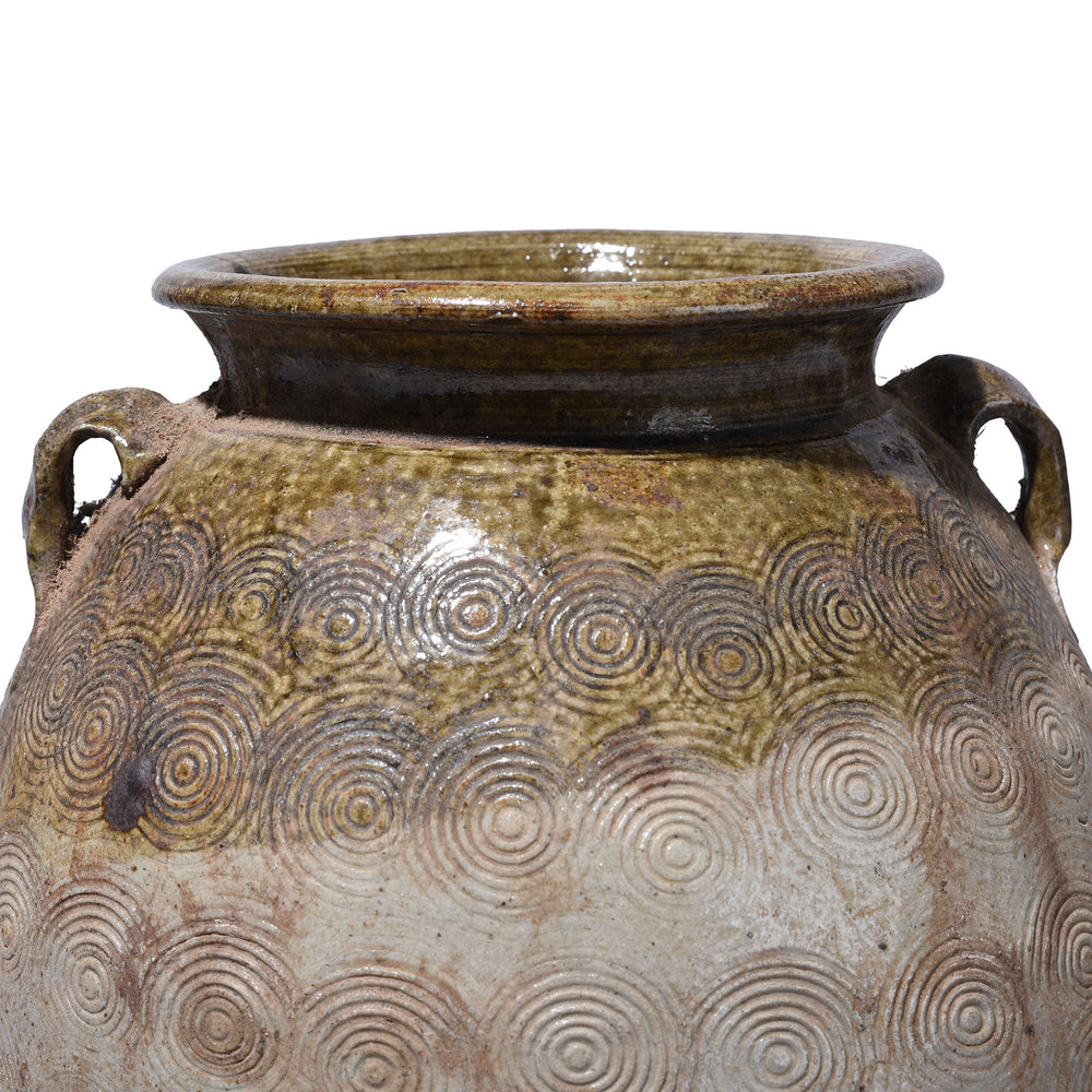 Rim Detail From Vintage Glazed Earthenware Jar From Yunnan With Incised Spiral Decoration And Lug Handles