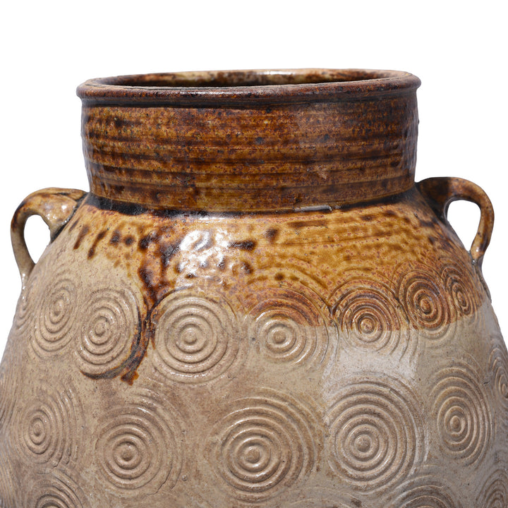Detail From Option 1 Vintage Glazed Earthenware Jar From Yunnan With Incised Spiral Decoration And Lug Handles