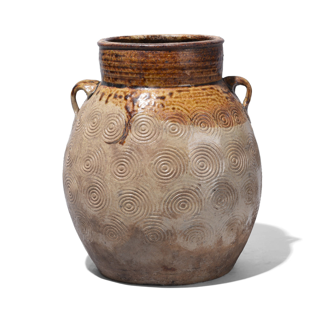 Option 1 Vintage Glazed Earthenware Jar From Yunnan With Incised Spiral Decoration And Lug Handles