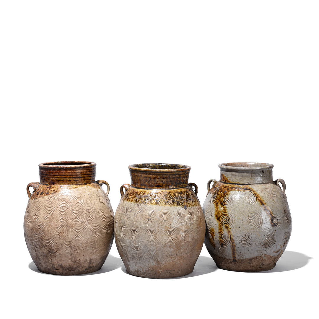 Collection Of Vintage Glazed Earthenware Jars From Yunnan With Incised Spiral Decoration And Lug Handles