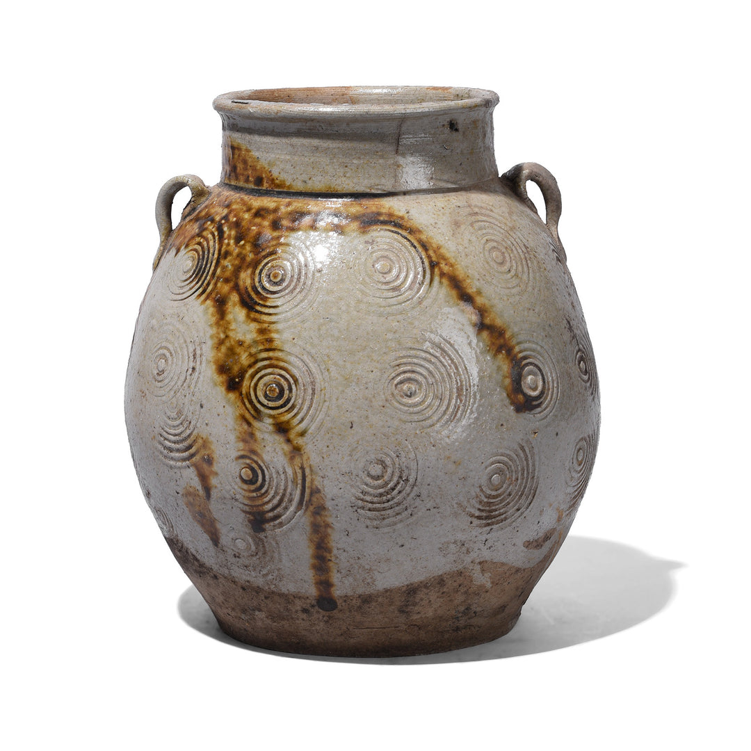 Option 2 Vintage Glazed Earthenware Jar From Yunnan With Incised Spiral Decoration And Lug Handles